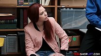 Redhead teen shoplifter caught and fucked by security in his backroom office or he would have called the cops on her if she did not put out